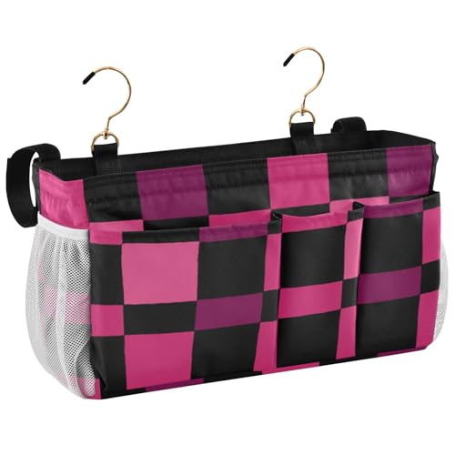 Bedside Caddy Metal Frame Hanging Organizer Bunk Bed Dorm Accessories Hook And Loop Storage Bag Large Pockets Checkered Dark Pink and Black - color: Checkered Dark Pink and Black