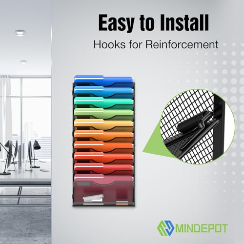 MINDEPOT 11 Tier Wall File Holder Hanging Wall Mount Paper File Organizer for Mails Folders Document Magazine Organization, for Office School Home, Black - size: 11Tier