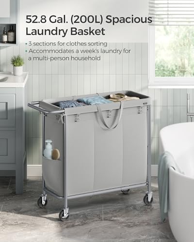 SONGMICS Laundry Basket with Wheels, 3-Section Rolling Laundry Hamper, 52.8 Gallons (200 L), Removable Liner, Steel Frame with Handle, 35.8 x 15.4 x 31.9 Inches, Dove Gray URLS005G01 - color: Dove Gray, size: 200 L (3-Section), style: Rectangular with han
