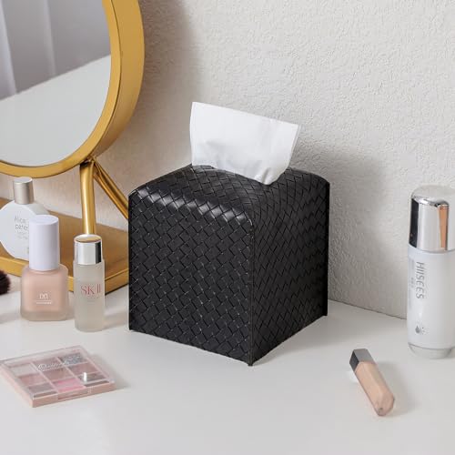 Tissue Box Cover PU Leather Tissue Holder Square Facial Tissue Case Facial Paper Organizer Dispenser for Bathroom, Vanity Countertop, Tabletop, Car, Black - color: Black, size: Square