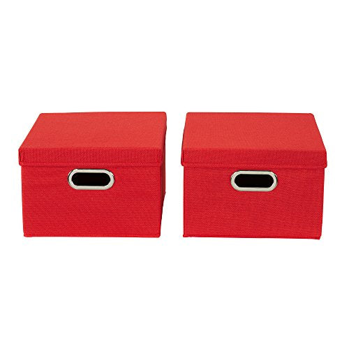 Household Essentials Storage Bins with Lids and Chromed Grommet Handles, Set of 2, Textured Linen Look, Red - color: Red, size: 2 Count