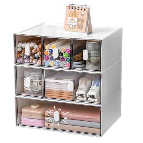 Desktop Storage Drawers, Plastic Desk Organizer with 6 Drawers, Modular Stackable Toolbox Units for Office Stationary, Makeup Container, Bathroom Countertop (3 Tiers, White & Clear) - color: 3 Tall Layers & 6 Drawers, White & Clear