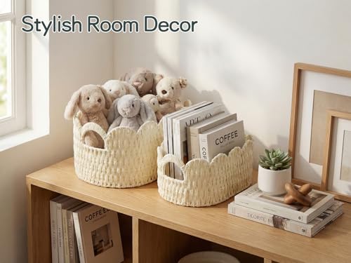 Coeusy Paper Rope Scalloped Basket Set of 2,Hand-woven Storage Baskets for Shelves,Nursery,Books,Toys,Cute Boho Decor Baskets for Organizing,White - color: White