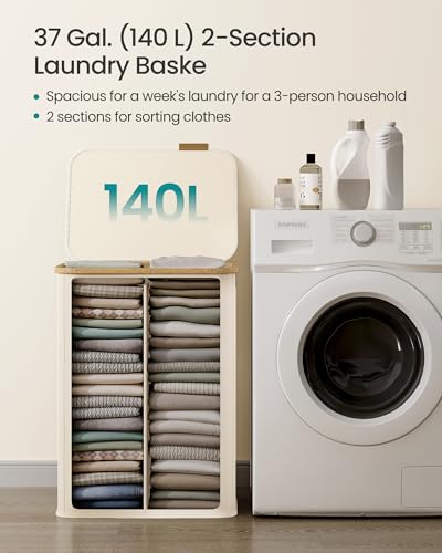 SONGMICS Laundry Hamper, Laundry Basket with Lid, Foldable Storage Basket, Bamboo Frame, for Bedroom, Living Room, Oxford Fabric, 37 Gal. (140 L), Cream White ULCB519WD01 - color: Cream White, size: 140 L (2-Section)