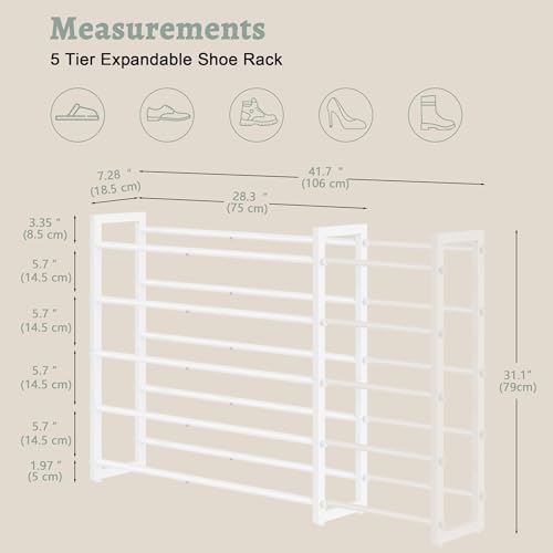 FAVOOSTY 3-Tier Expandable Shoe Rack, Adjustable Shoe Shelf Storage Organizer Space Saving Metal Free Standing Shoe Rack for Entryway Closet Doorway, Silver Grey (White, 5 Tier) - color: White, size: 5 Tier