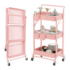 3-Tier Folding Rolling Utility Cart with Wheels, Foldable Storage Cart Organizer with 3 Hanging Cups & 6 Hooks for Kitchen, Office, Living Room, Nursery(Pink) - color: Pink