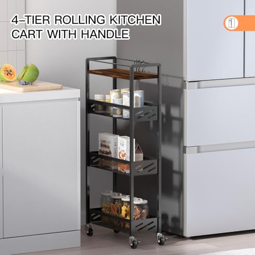 DGSNADGO Slim Rolling Storage Cart, 4-Tier Kitchen Cart on Wheels, Narrow Utility Cart with Handle and Wooden Tabletop for Small Space in Kitchen, Living Room, Bathroom, Rustic Brown and Black - color: Rustic Brown+black