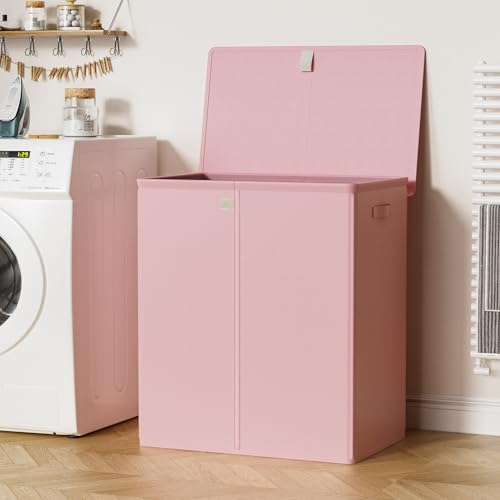 WOWLIVE Laundry Hamper with Lid,160L Large Laundry Basket 3 Section with Removable Washing Bags,Collapsible Waterproof Dirty Clothes Hamper for Laundry Room Bathroom Dorm,Pink - color: Pink, size: 160L (24.8x 14 x 27.5 Inches)