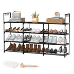 3 Row 4 Tier Long Shoe Rack, Black Metal Stackable Shoe Shelf with Multifunctional Hooks, Shoe Storage Hold 24-30 Pairs, Space Saving Shoe Organizer for Closet,Wide Shoe Rack - size: 3 Row 4 Tier