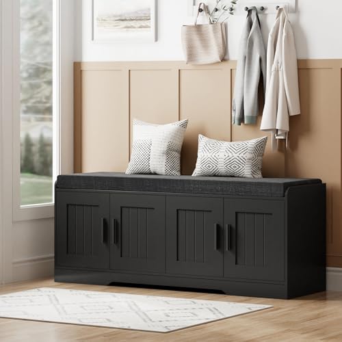 Homleke 2-Tier Storage Bench, Shoe Bench with Thickened Padded Seat Cushion, Entryway Bench with 4 Doors, Adjustable Shelf, 13.8" D x 45.3" W x 18.5" H, for Entryway, Living Room, Bedroom, Black - color: Black, size: 45.3"