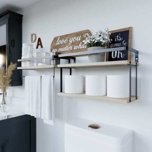 RICHER HOUSE 2+1 Tier Wall Mounted Floating Shelves Set of 2, Rustic Wood Wall Shelf with Metal Frame, Extra Storage Rack for Bathroom, Kitchen, Bedroom with Tissue Rack & Towel Bar - Rustic Wood - color: Rustic Wood, size: 2+1 Tier Size