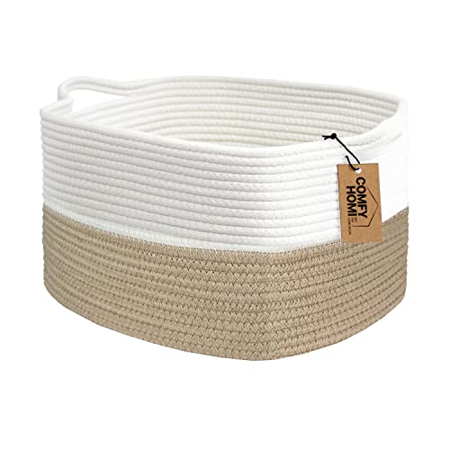COMFY-HOMI Cotton Rope Woven Basket with Handles for Shelves,Toys,Book, Cloth Storage Baskets Bin for Organizing-13.5"x11"x9.5" Toy Decorative Organizer for Living Room, Bathroom-Light Brown - color: light brown, size: 13.5"X11"X9.5"