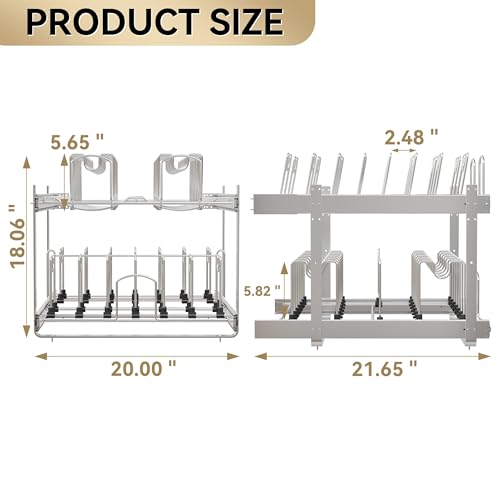 2-Tier Kitchen Pull out Cabinet Organizer for Pots, Pans, and Lid Cookware, Adjustable Heavy Duty Wire Pan and Pot Rack, Full-Extension Rail 21" W *22" D - size: 21W*22D