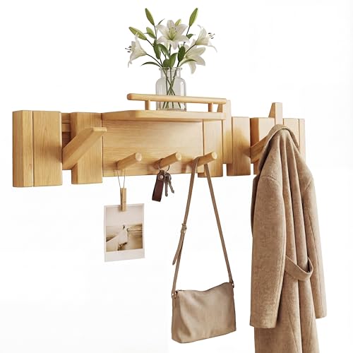 Mid Century Modern Walnut Foldable Entryway Wall Coat Hanger Hook with Shelf,Heavy Duty Wooden Piano Hidden Towel Hooks for Bathroom,Wall Rack for Purse&Key&Mail,Home Decor (Natural, 7 Hooks) - color: Natural, size: 7 Hooks