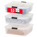 IRIS USA 33 Qt Plastic Under Bed Storage Organizer Bin Container with Secure Lids and Durable Black Buckles, Multi-Purpose for Clothes, Shoes, Clothing, and Bedding, Short, Clear, 3 Pack