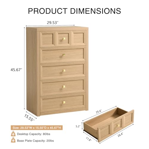 5 Drawers Dresser for Bedroom, 45.7" Tall Large Dresser & Chests of Drawers with Metal Handle, Clothes Storage Organizer w/Natural Texture for Bedroom, Living Room,Natural - color: Natural Oak, size: 15.6"D x 29.5"W x 45.7"H (5 Drawers)