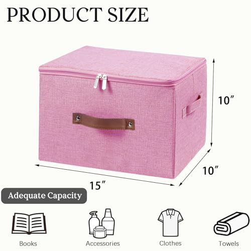 Storage Bins with Zipper Lid Foldable Fabric Lidded Storage Boxes Baskets Cubes Washable Collapsible PU Leather Handle Cotton Linen Shelves Closet Organizer Container(Pink, Large Size) - color: Pink, size: Large ( Set of 1 )