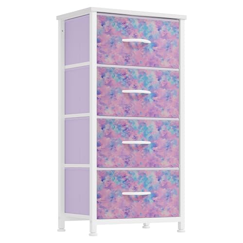 DWVO Dresser with 4 Drawers - Storage Tower Unit, Dresser for Bedroom, Living Room, Closets - Sturdy Steel Frame, Wooden Top & Easy Pull Fabric Bins, Purple - color: Cool Purple