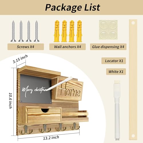 Farmhouse Key Holder for Wall with Mail Organizer - Easy Installation Wall Mount Organizer, Includes Chalkboard, Drawer, Wallet Holder & 4 Double Hooks, Ideal for Entryway, Quick Access - Light Brown - color: Light Brown