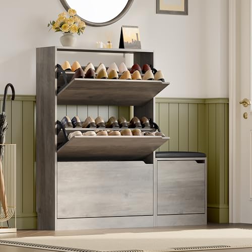 BORNOON Shoe Cabinet with Bench and 3 Flip Drawers, Slim Narrow Shoe Storage Cabinet, Freestanding Shoe Rack Organizer with Adjustable & Removable Shelves, Anti-Tip for Entryway, Hallway, Foyer - color: Grey, size: 3-Drawer - Bench
