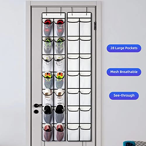 KEEPJOY Over the Door Shoe Organizer, Hanging Shoe Organizer with 4 Hooks, Shoe Holder with 14 Mesh Pockets Closet Door Shoe Storage Bag (White-2Pack) - color: White-2 Pack of 14