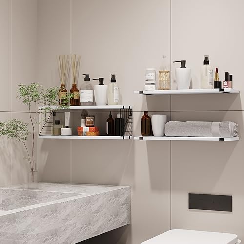 Fixwal 3+1 Tier Bathroom Floating Shelves Over Toilet, 15.8in Farmhouse Rustic Wood Shelves, Wall Decor for Bathroom, Living Room,Bedroom and Kitchen (White) - color: White