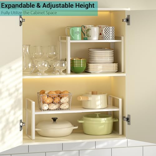 2 Pack Expandable Cabinet Organizer Shelves, 88lbs High Weight Capacity, Stackable Heavy-Duty Metal Storage Rack, Adjustable Cabinet Shelf for Kitchen, Pantry, Cupboard, Under Sink, White - color: White, size: 2 Pack