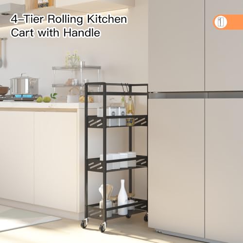 DGSNADGO Slim Rolling Storage Cart, 4-Tier Kitchen Cart on Wheels, Narrow Utility Cart with Handle and Wooden Tabletop for Small Space in Kitchen, Living Room, Bathroom, Laundry Room, Beige (Black) - color: Black