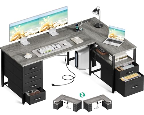 Coleshome L Shaped Computer Desk with 6 Drawers & Power Outlet, 55 Inch Corner Desk with Reversible Storage Shelf & File Drawer, Home Office Desk, Grey Oak - color: Grey Oak, size: 55 Inch