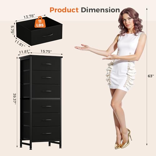 Sweetcrispy Tall Fabric Dresser for Bedroom, 6 Drawer Skinny Chest of Drawers, Narrow Storage Tower with Wood Top and Metal Frame, Vertical Nightstand for Closet, Bedroom Organization Furniture, Black - color: Black, size: 11.8"D x 15.7"W x 39.4"H (6 Draw