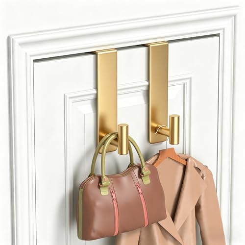 HUFEEOH 2-Pack Over The Door Hooks, Stainless Steel Door Hanger for Towels & Coats, Bathroom Towel Rack Coat Rack, Tool-Free Hooks for Hanging (Gold, Fits 1-3/4" Thick Door -T Shape 2 Pack) - color: Gold, size: Fits 1-3/4" Thick Door - "T" Shape 2 Pack
