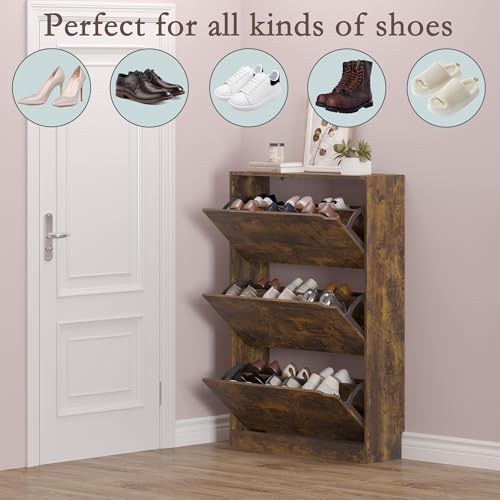 BORNOON Shoe Cabinet with 3 Flip Drawers, Hidden Wood Shoe Cabinet,Freestanding Shoe Storage Cabinet for Entryway Hallway - color: Brown, size: 3 Drawers