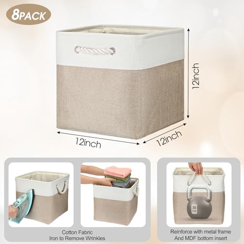 meekoo 8 Pack Collapsible Storage Bins Fabric Storage Bins Polyester Fabric Baskets with Handles Linen Closet Organizer for Shelf Home Closet Towels Toys(12 x 12 x 12 in,Beige) - color: Beige, size: 12 x 12 x 12 In