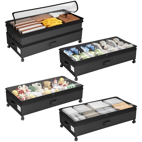 Kitstorack 4 Pack Height-adjustable Under Bed Storage with Wheels, Under Bed Storage Containers,Under Bed Shoe Storage Organizer with Clear Window&Label, Suitable for Clothes Storage, Black - color: Black, size: 4 Pack