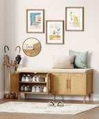 Akxomel Rattan Shoe Storage Bench with Cushion, 2-Tier Entryway Bench with Adjustable Shelves and 4 Doors, 15" D x 47.2" W x 20" H, Solid Wood Legs, for Hallway, Living Room, Bedroom, Natural Oak - size: 15"D x 47.2"W x 20"H