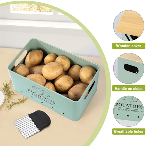 Kitchen Vegetable Storage Set of 3, Metal Onion Garlic Potato Storage Set, Kitchen Canisters Vegetable Keeper Containers with Aerating Holes and Wooden Lid (Sage Green) - color: Sage Green