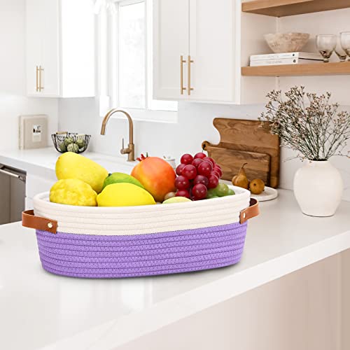 Bathroom Countertop Organizer Basket, Cotton Rope Woven Storage Basket Toilet Paper Decorative Basket for Bathroom, Bedroom, Living Room, Entryway 13"x6.3"x4.3" (Off White/Purple) - color: Off White & Purple