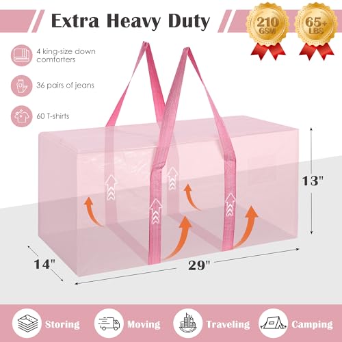 12 Pack Moving Bags with Full-Open Side Zipper, Extra Large 93L Heavy Duty Waterproof Foldable Storage Totes for College Dorm, Moving & Home Organization Pink - color: Pink, size: 12Pack