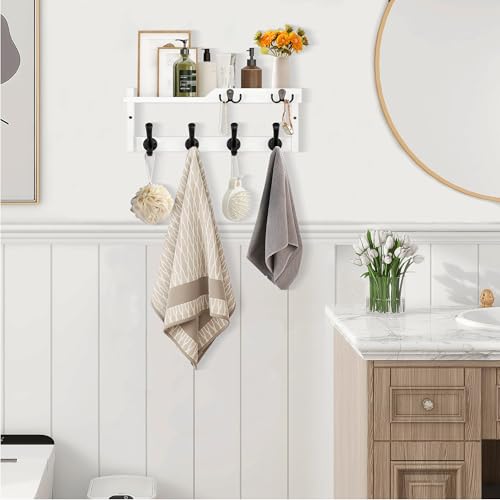 dreampossible Coat Rack Wall Mount with Shelf, Coat Hanger Wall Mount with Key Hooks and Mail Holder, Wood Entryway Floating Shelf with Hooks and Storage, Hat Rack for Wall Key Holder Mail Organizer - color: White, size: 16.6 Inch Long