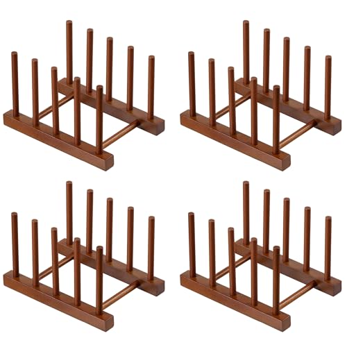 HBlife 4pcs Teak Dish Plate Bowl Cup Book Pot Lid Cutting Board Drying Rack Stand Drainer Storage Holder Organizer Kitchen Cabinet（Keep Dry） - color: Teak 4 Slots 4pcs