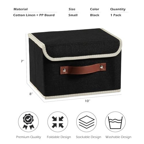 Storage Boxes with Lid Cotton Linen Fabric Storage Bins Organizer Container Decorative Collapsible Washable Shelf Baskets Faux Leather Handles for Home Bedroom Closet (Black, Small Size) - color: Black, size: Small (Set of 1)