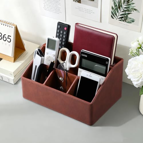 Remote Control Holder with 5 Compartments for Office Art Supplies, PU Leather Nightstand Organizer Pencil Pen Desk Caddy for Home, Desktop TV Remote Control Organizer Storage (Brown) - color: Brown