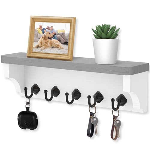 Nekon Key Holder for Wall, 11.8" W x 3.5" H x 2.8" D Decorative Key Organizer with Floating Shelf, Wall Mount Key Rack with 5 Hooks (Gray) - color: Gray