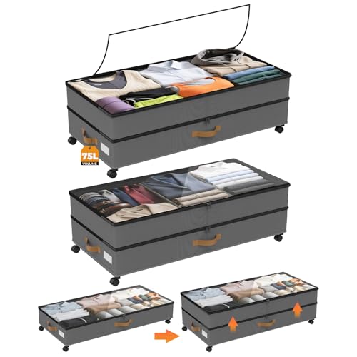 Under Bed Storage with Wheels 2-Pack, 75L XXL Under the Bed Storage Containers Large, 12" Tall Adjustable Storage for Underbed with Lids, Rolling for Shoes, Clothes, Blankets (Grey) - color: Grey