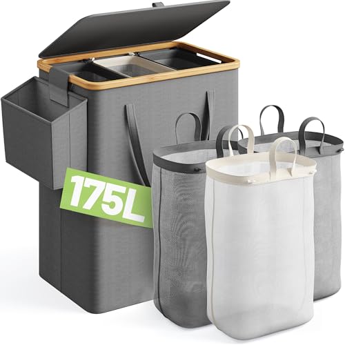 175L Laundry Hamper with Lid 3 Section, Extra Large Laundry Basket with 3 Removable Bags, 46 GAL Laundry Basket Organizer for Bedroom, Laundry Room, Dorm, Grey - color: Grey, size: 175L