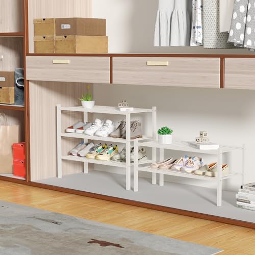 ROMGUAR CRAFT 2 Tier Bamboo Shoe Rack for Closet Free Standing Wood Shoe Shelf for Entryway Small Space Stackable 27"x11"x13" (White) - color: White, size: 2 Tier