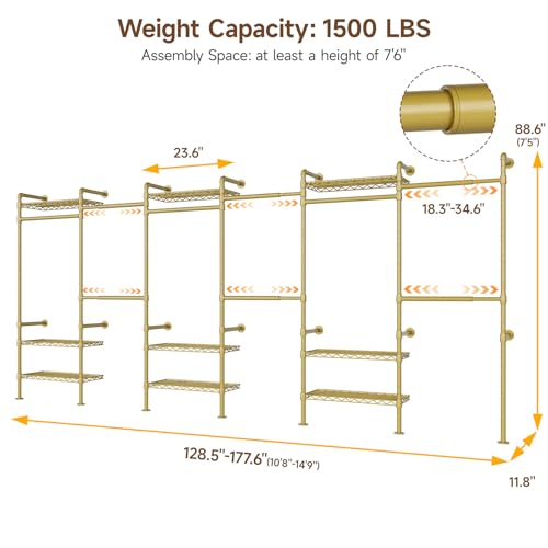 H6 Wall Mounted Closet System, Industrial Pipe Clothes Rack Clothing Racks with 6 Telescopic Rods & 3 Fixing Rods & 9 Shelves, Heavy Duty Closet Organizers and Storage in Wardrobe Closet (Gold) - color: Gold