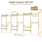 H6 Wall Mounted Closet System, Industrial Pipe Clothes Rack Clothing Racks with 6 Telescopic Rods & 3 Fixing Rods & 9 Shelves, Heavy Duty Closet Organizers and Storage in Wardrobe Closet (Gold) - color: Gold
