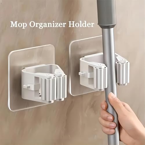 4Pcs Broom Holder Mop Hanger Wall Mount Hook Plastic Easy Install No-Drill Strong Adhesive Organizer - color: White, size: 4 Pcs