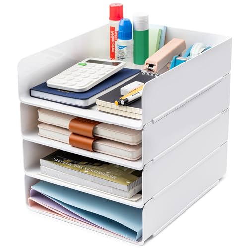 Tiawudi Desk Organizer, Office Organization and Storage, Plastic Letter Tray, Stackable File Organizer for Classroom, Home, Documents, Notes, Folders, Books and Pens, 4 Tier - color: White